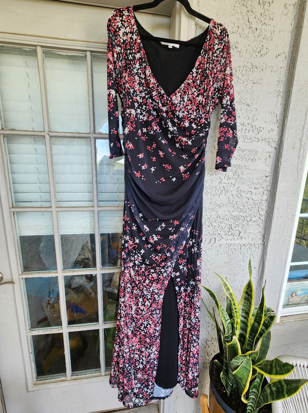 Kay Unger XL Black Floral Wrap Maxi Dress with Pink Accent